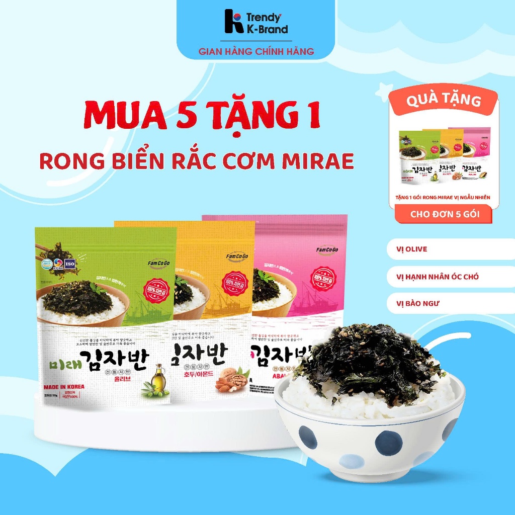 (Mua 5 tặng 1) Rong biển trộn cơm rắc cơm Hàn Quốc Mirae gói to 50g, date 6/2026 giàu vitamin và kho