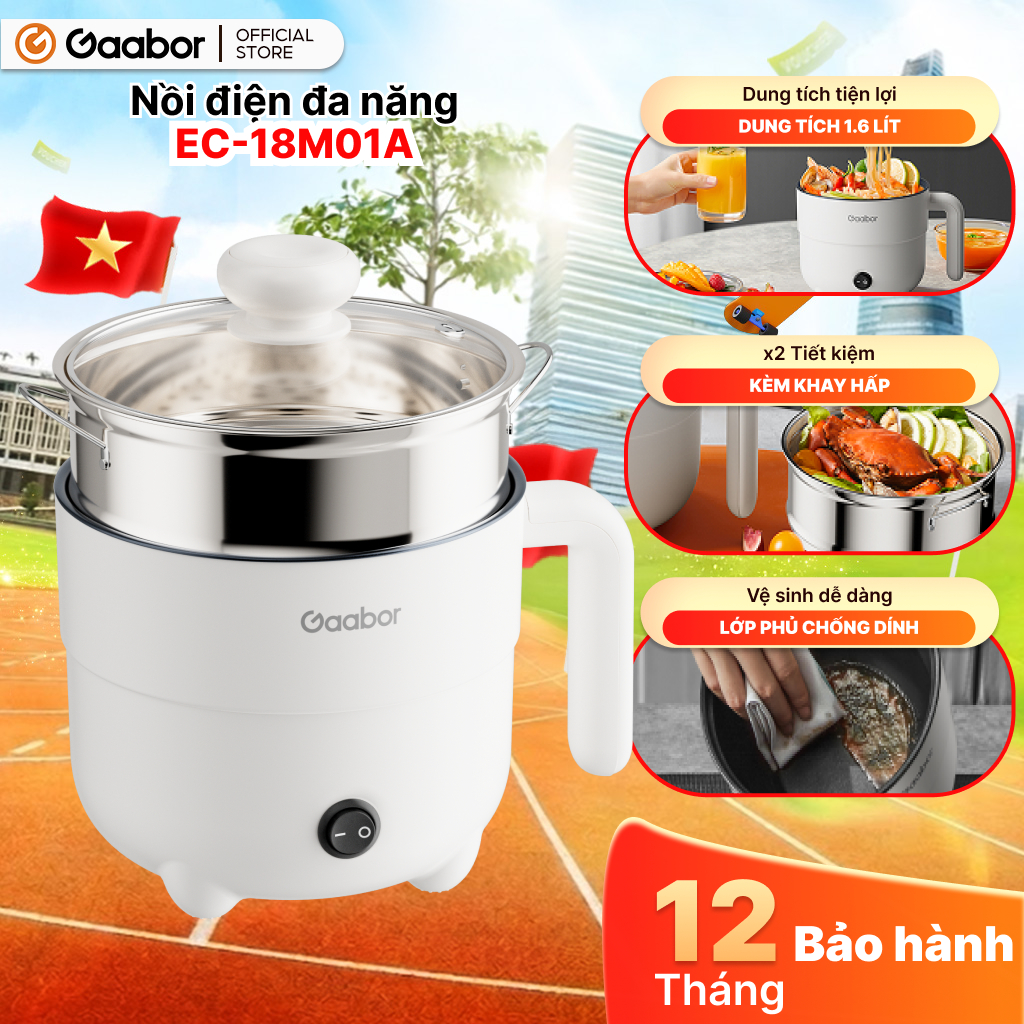 Gaabor Nồi điện Gaabor EC-18M01A mini 1.6L công suất 600W đa năng 2 tầng luộc chiên hấp tiện lợi