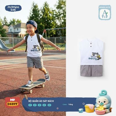 Bộ cộc tay cho bé Mompa sát nách 1-5 tuổi vải Cotton Actif co giãn thoáng khí nhanh khô MP 0459