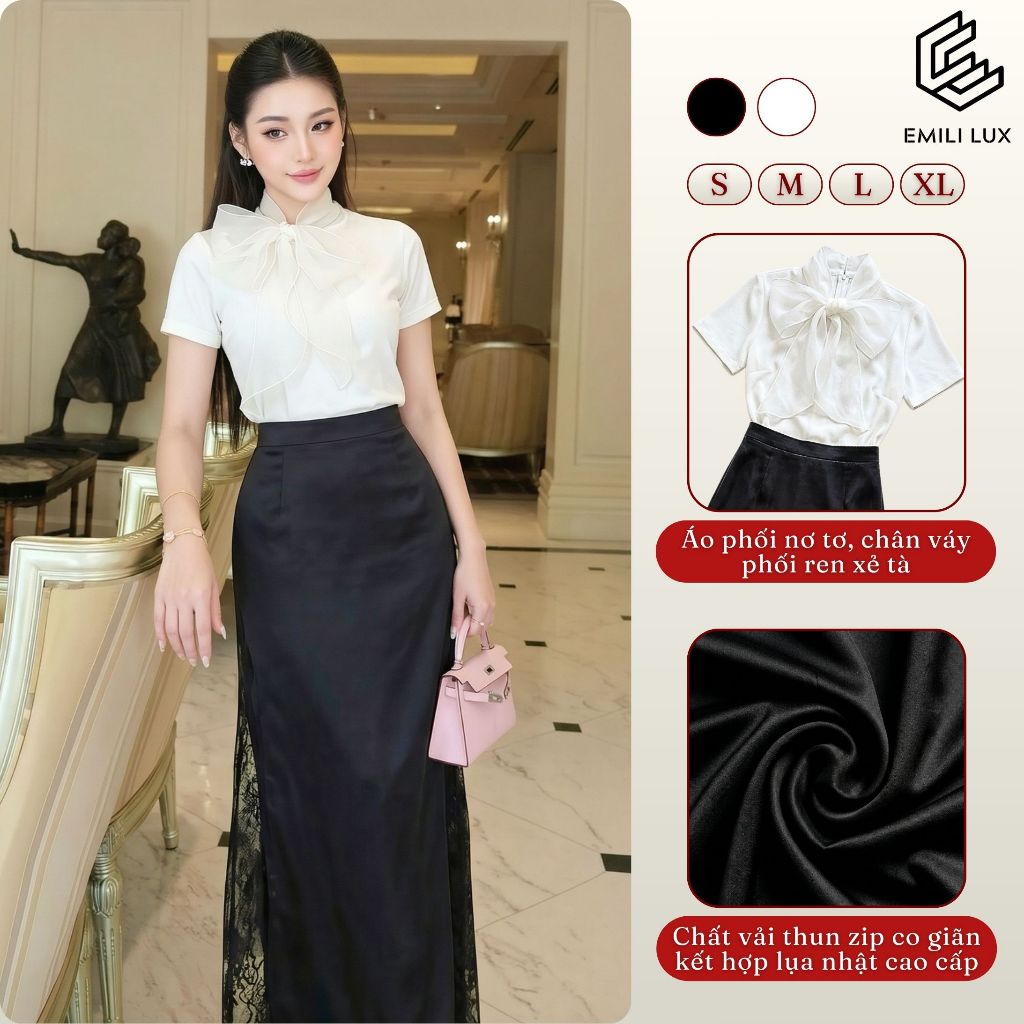Set áo cổ nơ voan nữ phối chân váy lụa ren EMILI DESIGN phong cách tiểu thư sang trọng [B190]