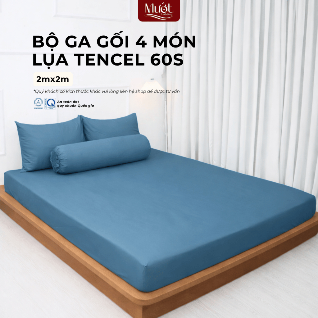 Bộ ga gối 4 món nệm kích thước 2mx2m Lụa Tencel 60s Mướt Bedding cao cấp trơn màu