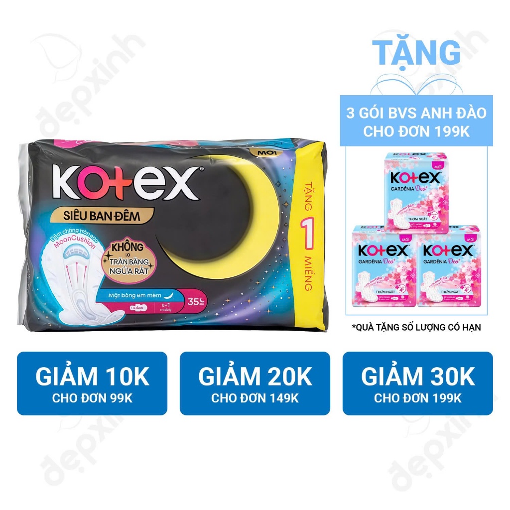 Băng Vệ Sinh siêu ban đêm Kotex có cánh gói 3 miếng x 35cm