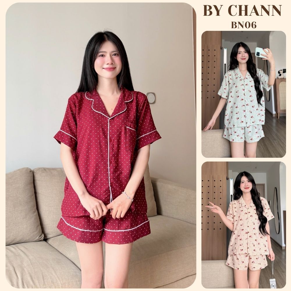 Bộ Đồ Ngủ Pyjamas BY CHANN (BN06) họa tiết chấm bi áo cộc quần cộc chất liệu đũi mềm có bigsize đến 