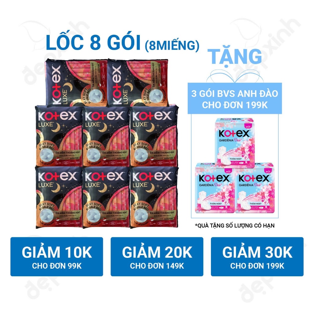 Combo 8 gói băng vệ sinh Kotex LUXE Ngày Cánh 23cm 8 miếng