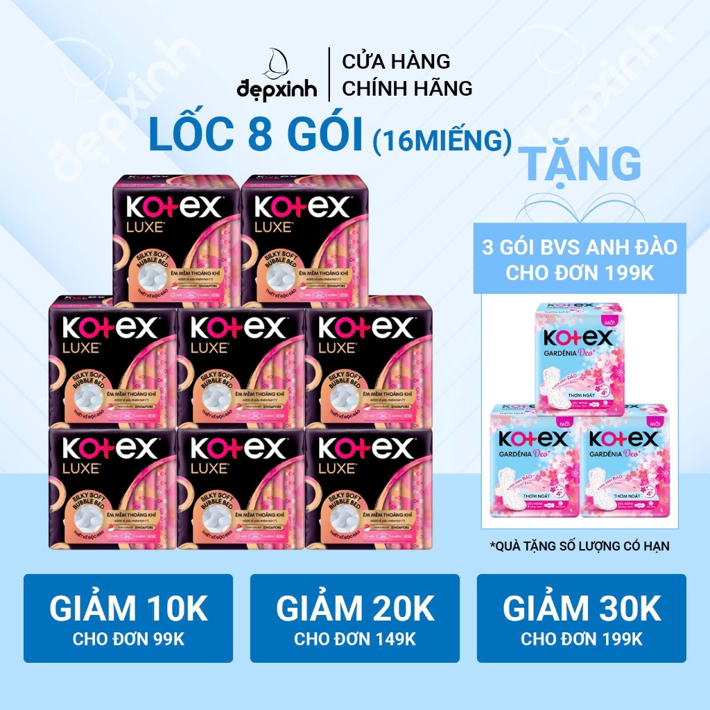 Lốc 8 gói Băng vệ sinh Kotex Luxe ban ngày có cánh 23cm x 16 miếng