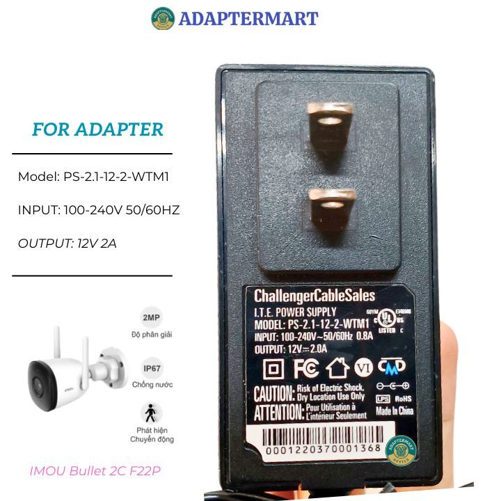 Cục nguồn cho Camera IP Ngoài Trời 2 MP IMOU Bullet 2C F22P 12V