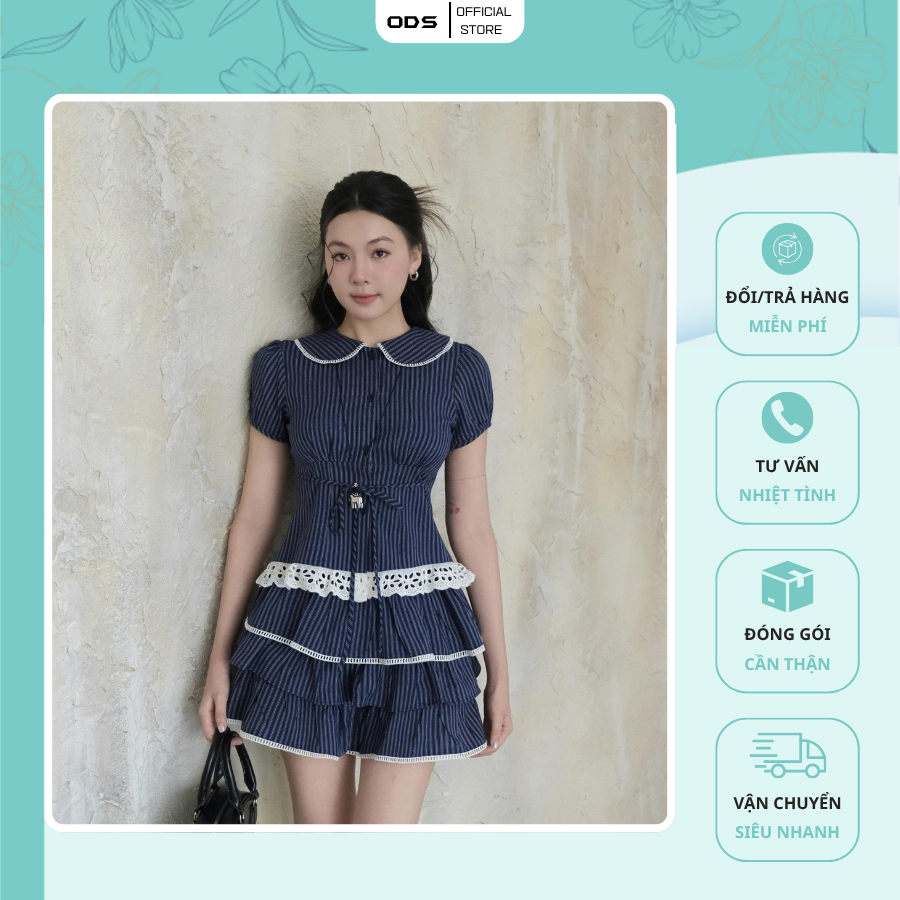 Set Áo Xanh Đen ODS thiết kế cổ sen ren trắng, tay ngắn phồng + Chân Váy Xoè 3 tầng lưng thun - JD3