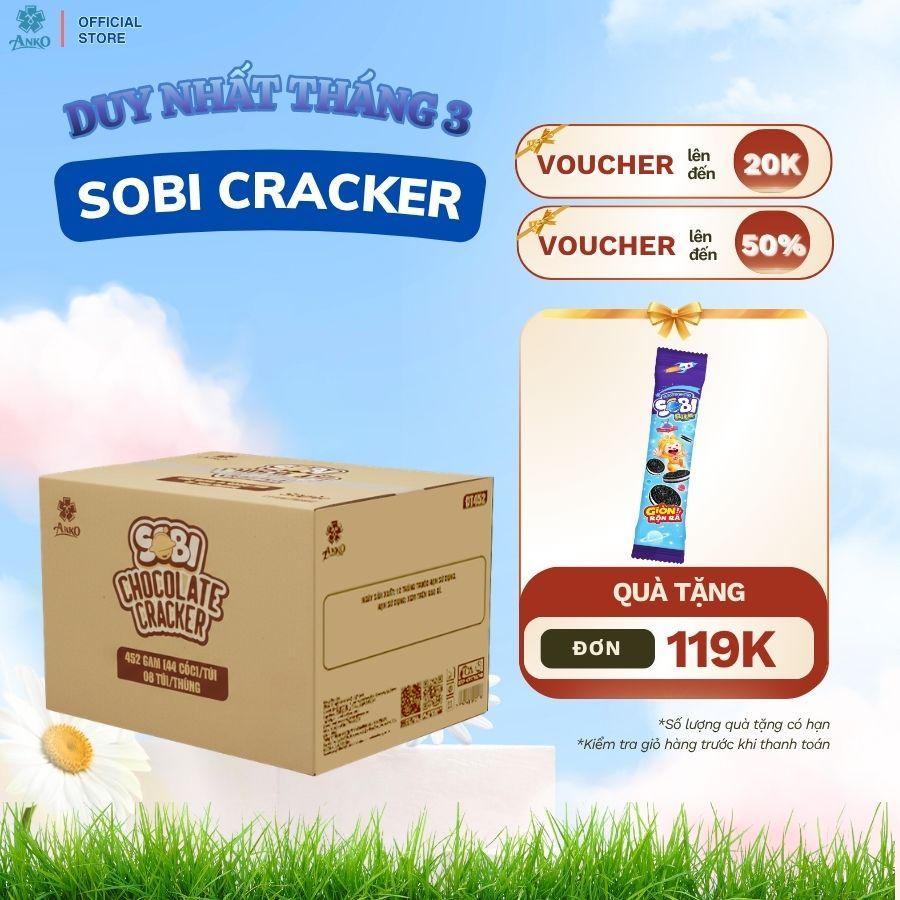 Thùng Sobi Chocolate Cracker 452g – Bánh Cracker Phủ Socola Túi Lớn, Snack Ăn Vặt Trẻ Em