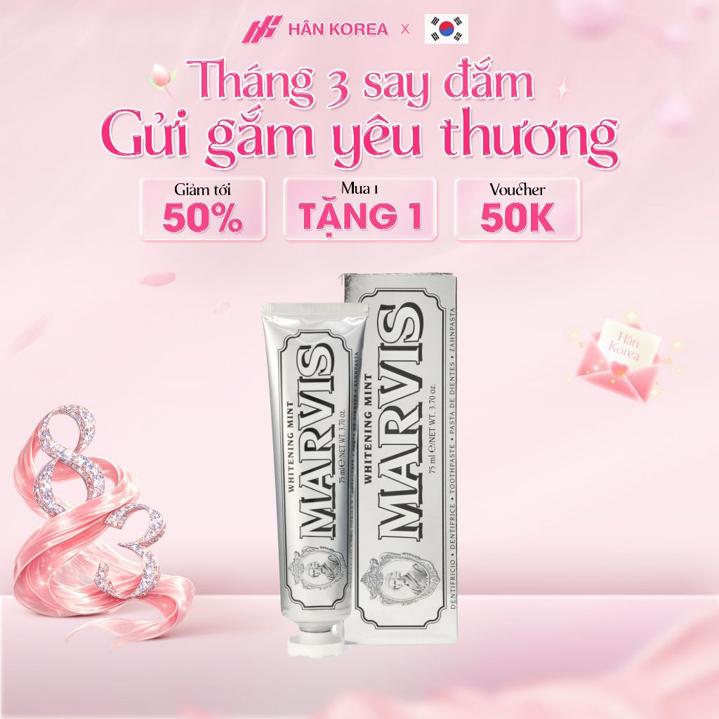 Kem Đánh Răng Marvis Whitening Mint 85ml, trắng răng, phòng chống sâu răng - Han Korea