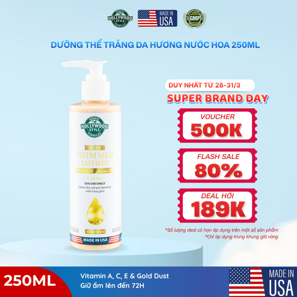 [DATE 11/2026] Sữa Dưỡng Thể Hollywood Style Ánh Nhũ Hương Nước Hoa, Cấp Ẩm Tức Thì & Tái Tạo Da 250