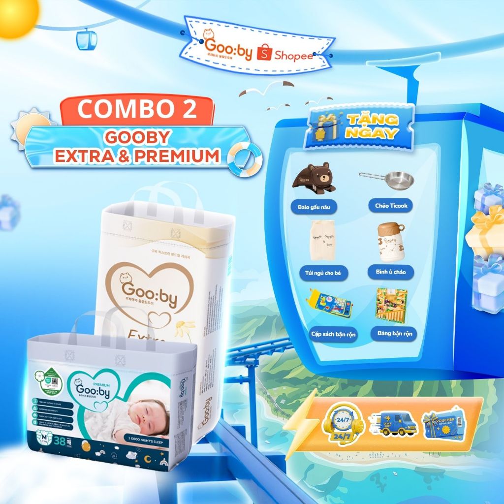 [Kèm quà] Combo 2 bịch bỉm quần (ngày và đêm) Gooby siêu mỏng, đủ size M,L,XL,XXL,XXXL