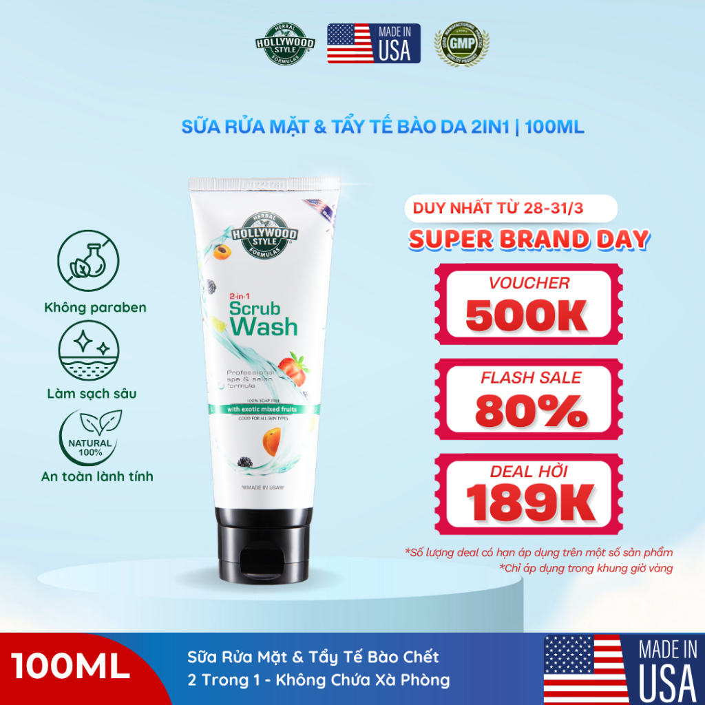 Sữa Rửa Mặt Kết Hợp Tẩy Tế Bào Chết 2 Trong 1 Hollywood Style 100ml