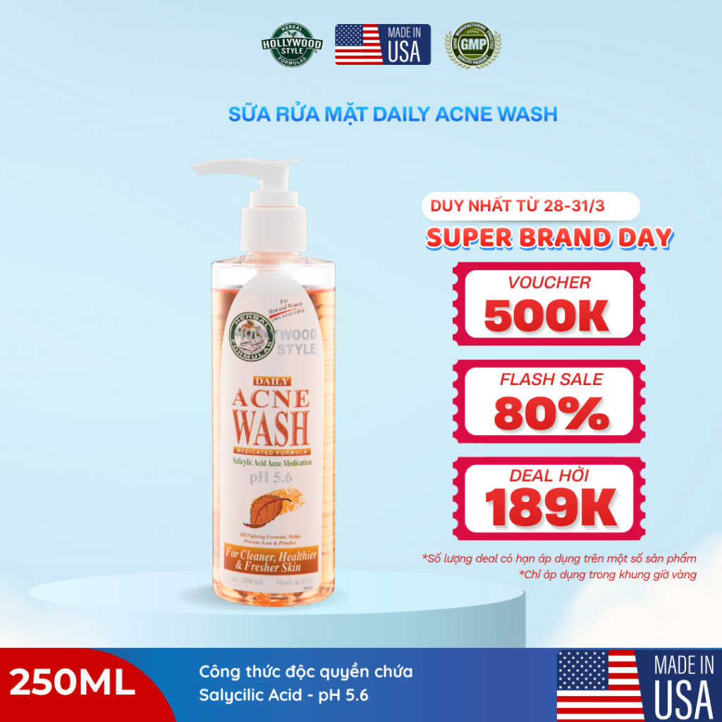 [DATE 12/2026] Sữa Rửa Mặt Chăm Sóc Da Dầu Mụn Salycilic Acid Hollywood Style 250ml