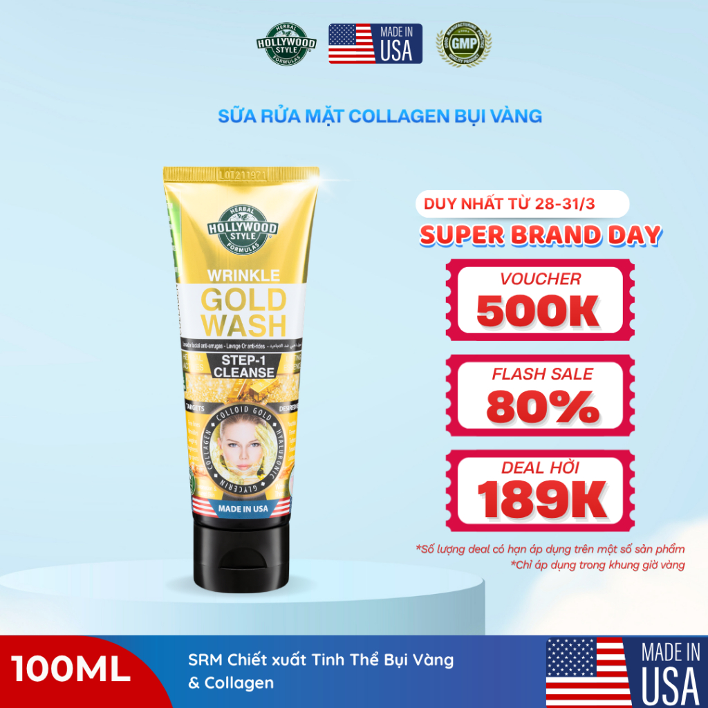[DATE 7/2026] Gel Rửa Mặt Hollywood Style Giảm Nếp Nhăn Tinh Chất Vàng Wrinkle Gold Wash 100ml