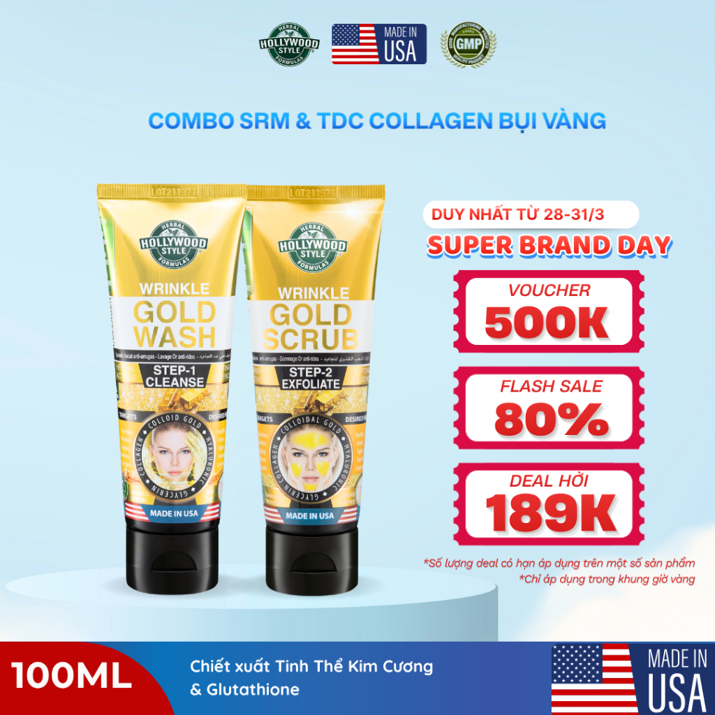 Combo SRM + TDC Bụi Vàng Collagen Hollywood Style Cấp Nước, Làm Sạch Da Và Trẻ Hóa Da