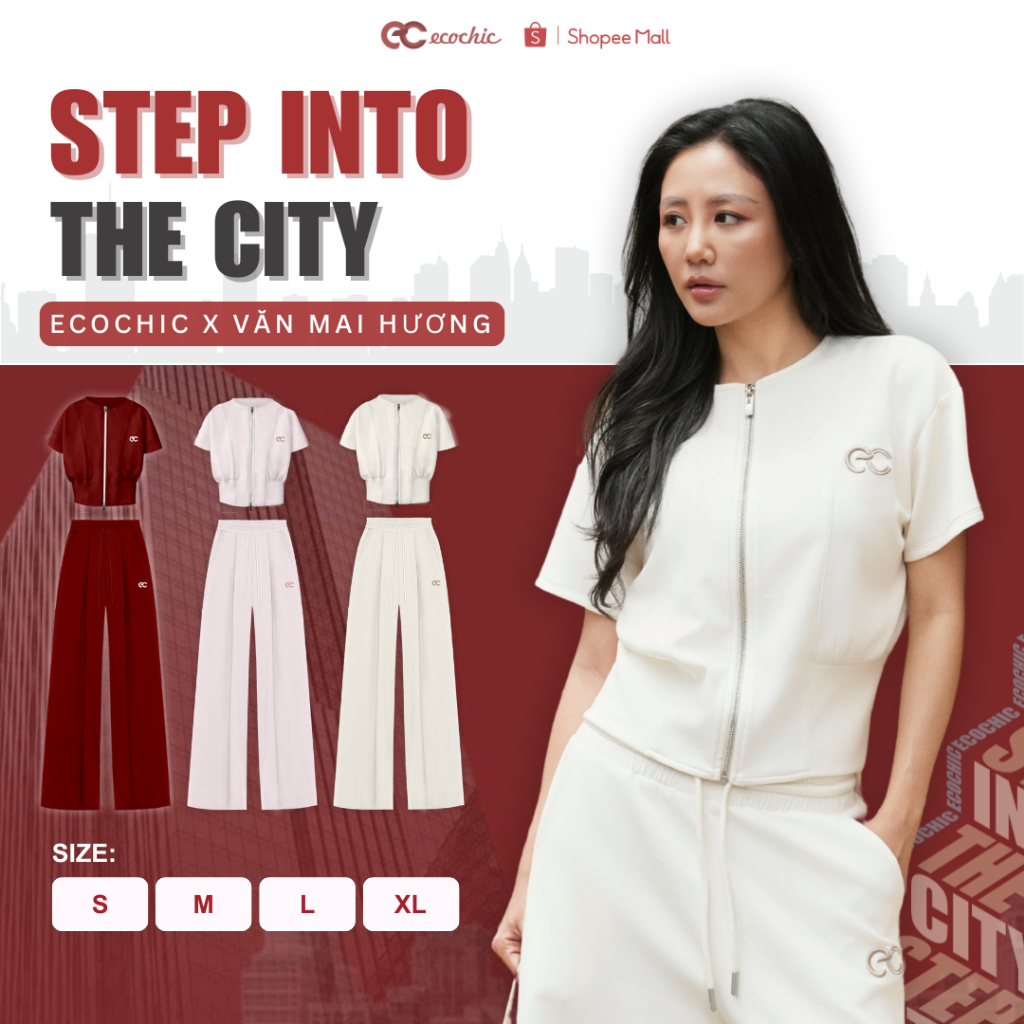 Set Bộ Áo Crop Ecochic Áo Tay Ngắn Khoá Dài Logo Thêu Quần Suông Cao Cấp Mềm Mịn B228