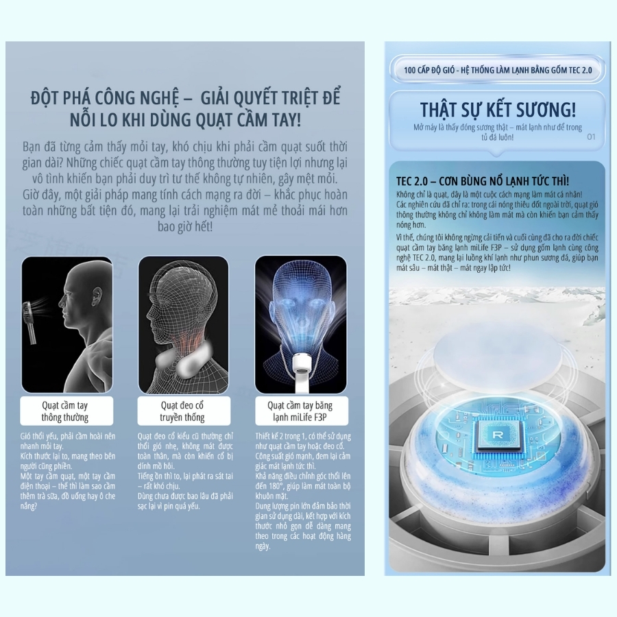 Quạt Cầm Tay miLife F3P Băng Lạnh- Pin 4000mAh, Gập Cổ, 100 cấp độ gió -BH 12 Tháng - miLfe Việt Nam
