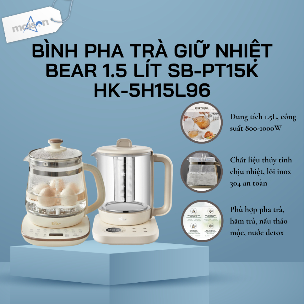 Bình Pha Trà Giữ Nhiệt Bear SB-PT15K | HK-5H15L96 | Dung tích 1.5 Lít | Công suất 1000W - Bảo Hành 1