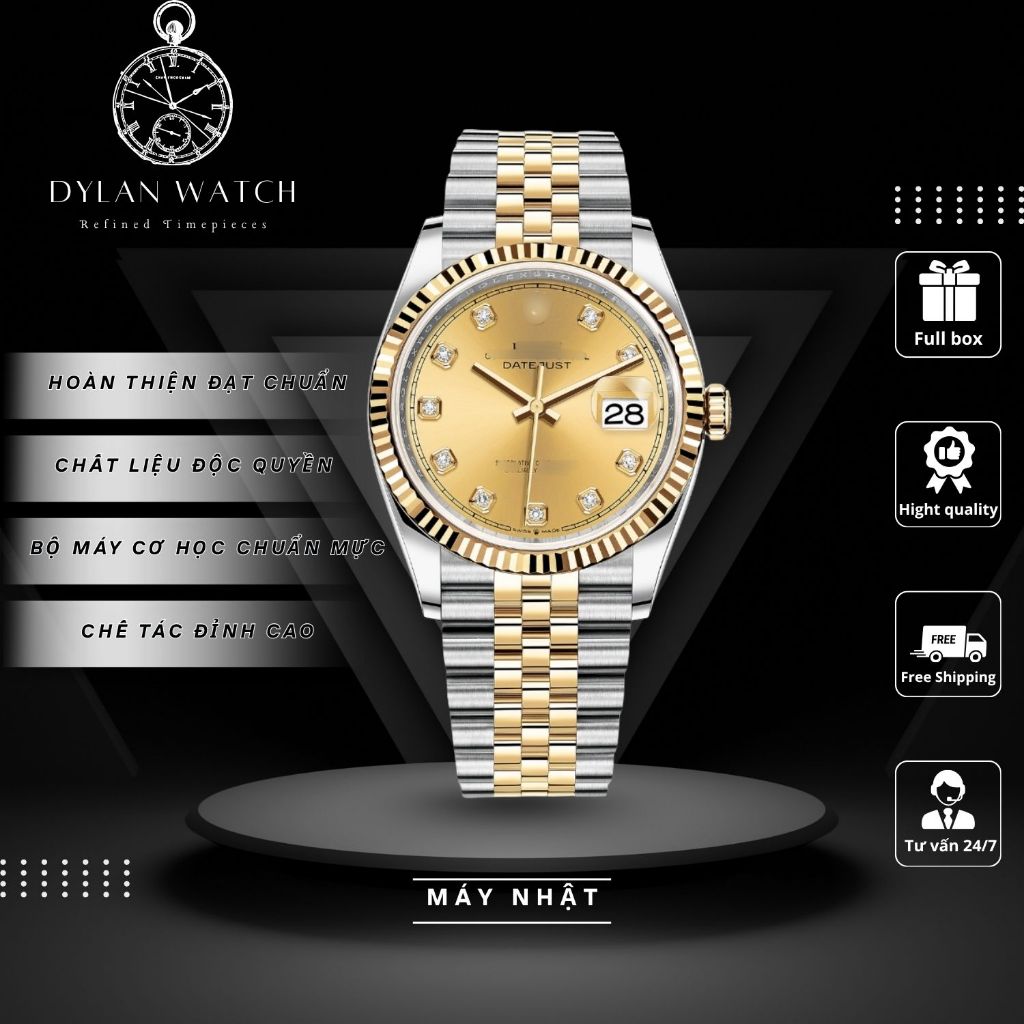 Đồng hồ nam R.o.l.e.x Datejust 36 automatic dây thép vàng mặt champagne đính đá cao cấp