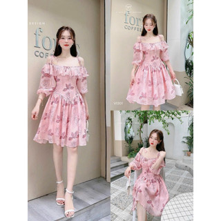 Đầm voan hoa có mút thời trang nữ dịu dàng nữ tính dầm ngắn xòe, đầm 2 dây trễ vai ngắn tay phối dây nơ