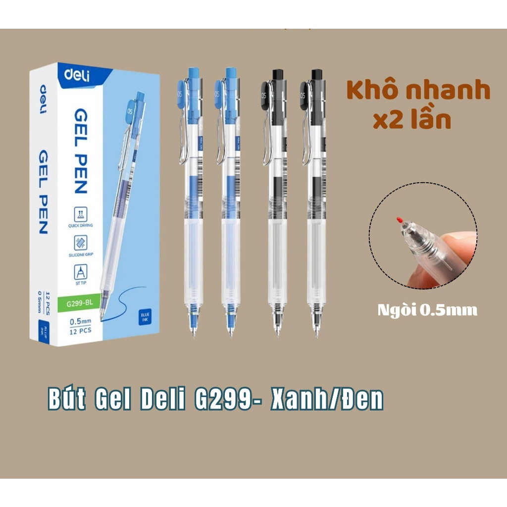 Bút Gel bấm nhanh khô Deli G299, thiết kế zắc bút kim loại sang trọng. Hộp 12 cây.