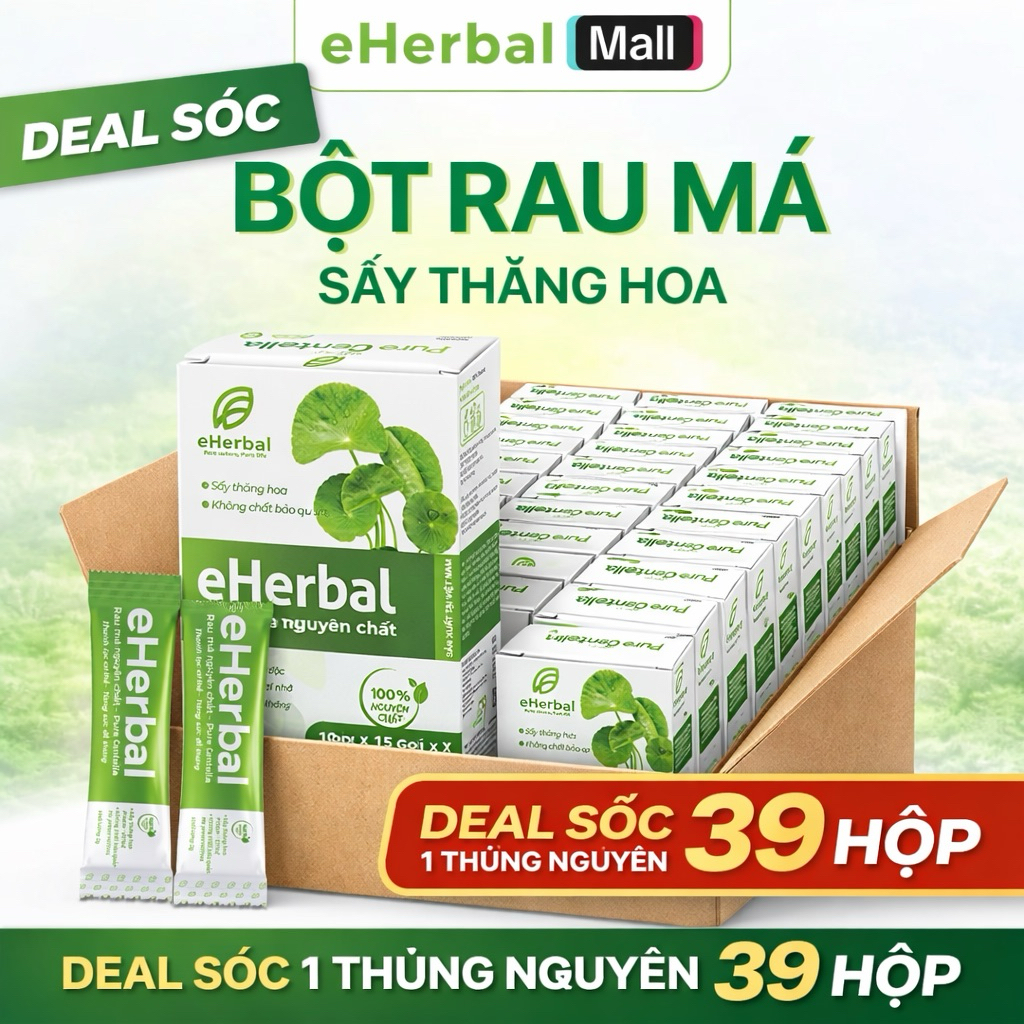 [Deal sốc 1 Thùng] Bột rau má Eherbal Sấy thăng hoa - 15 gói/ Hộp