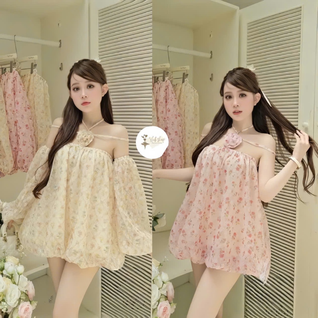 Váy Babydoll Đầm Babydoll Cổ Yếm Hoa Nhí, Đính Hoa Trước Ngực Tay Áo Tháo Rời Hàn Quốc