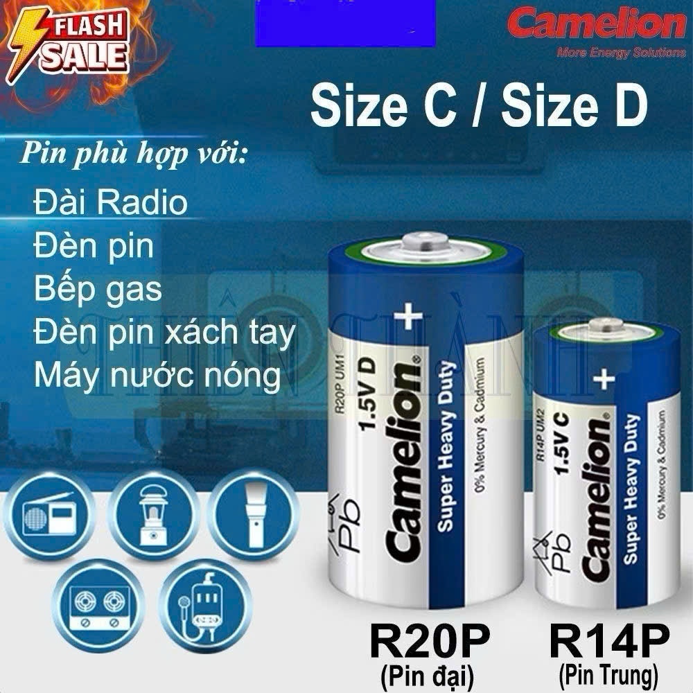 Pin trung Camelion R20P (Size D), R14P (Size C), pin than 1.5V dùng cho bếp gas âm, đèn pin, radio.(
