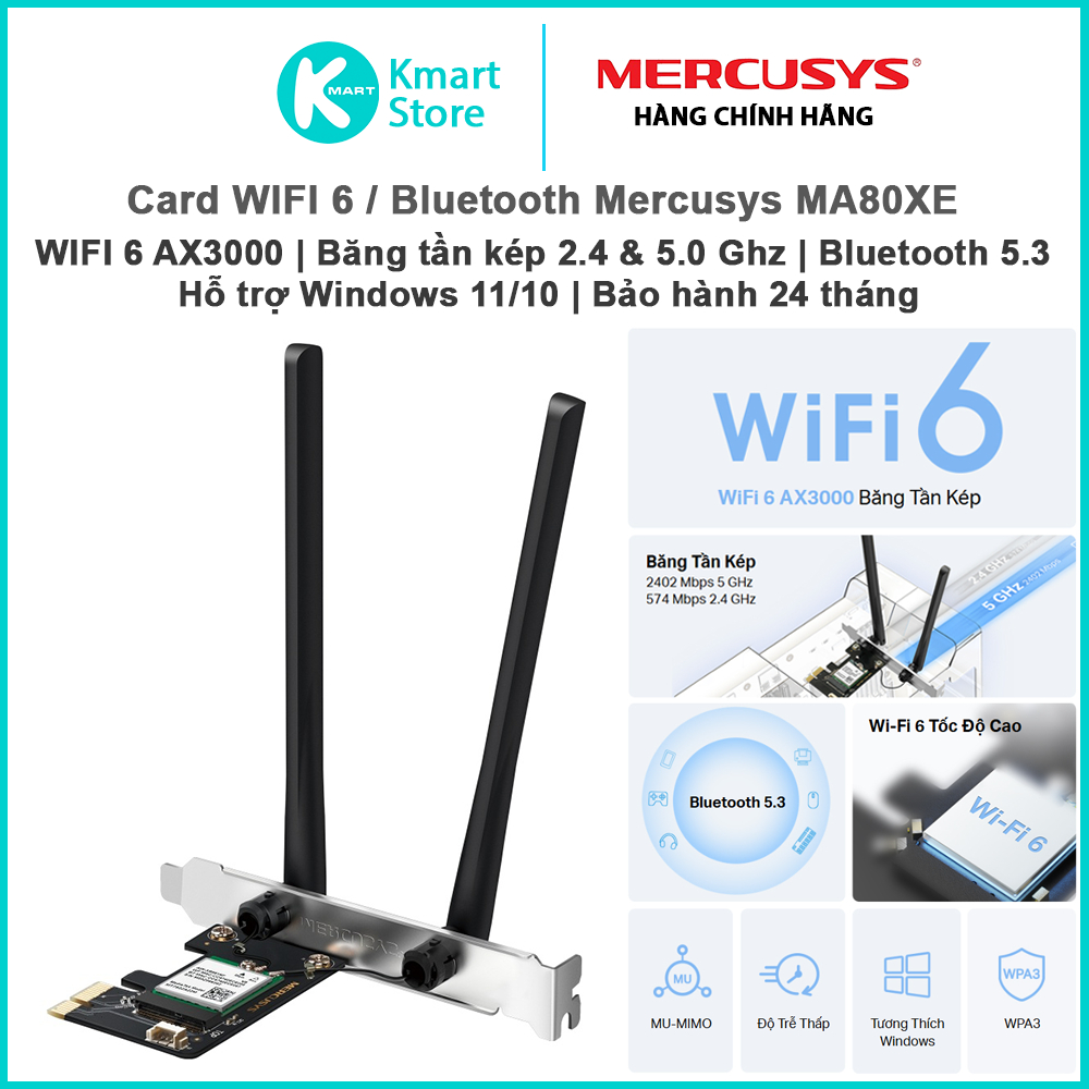 Card WIFI Bluetooth Mercusys MA80XE | WIFI 6 AX3000 , 2 băng tần 2.4 & 5.0Ghz | Bluetooth 5.3 | Bảo 
