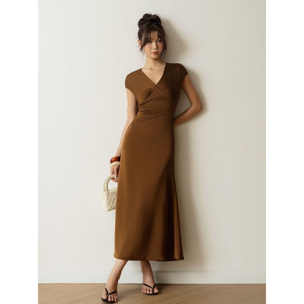 Đầm Nữ JOVEN Roger Lụa Midi Cổ V Nhún Ngực