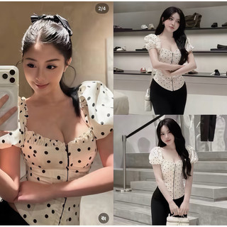 ( CÓ BIGSIZE S-3XL) Áo corset cổ vuông tay phồng có gọng ôm eo Mắc Gài+ mút cc hoạ tiết chấm bi dáng sang chảnh