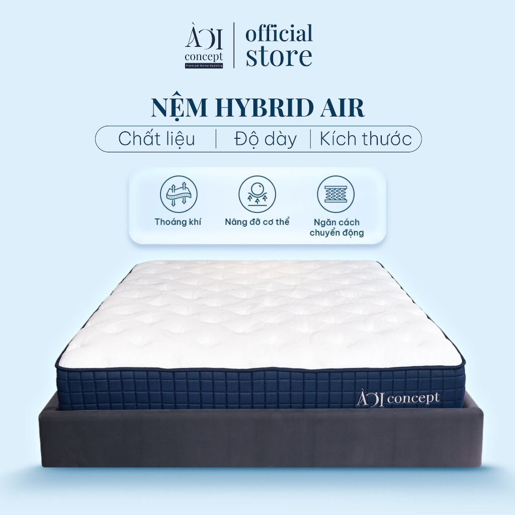 Nệm Hybrid Air Latex AOICONCEPT Size 1m6 & 1m8 cao 25cm Lò Xo Túi Độc Lập 5 Vùng Memory Foam Gel và 