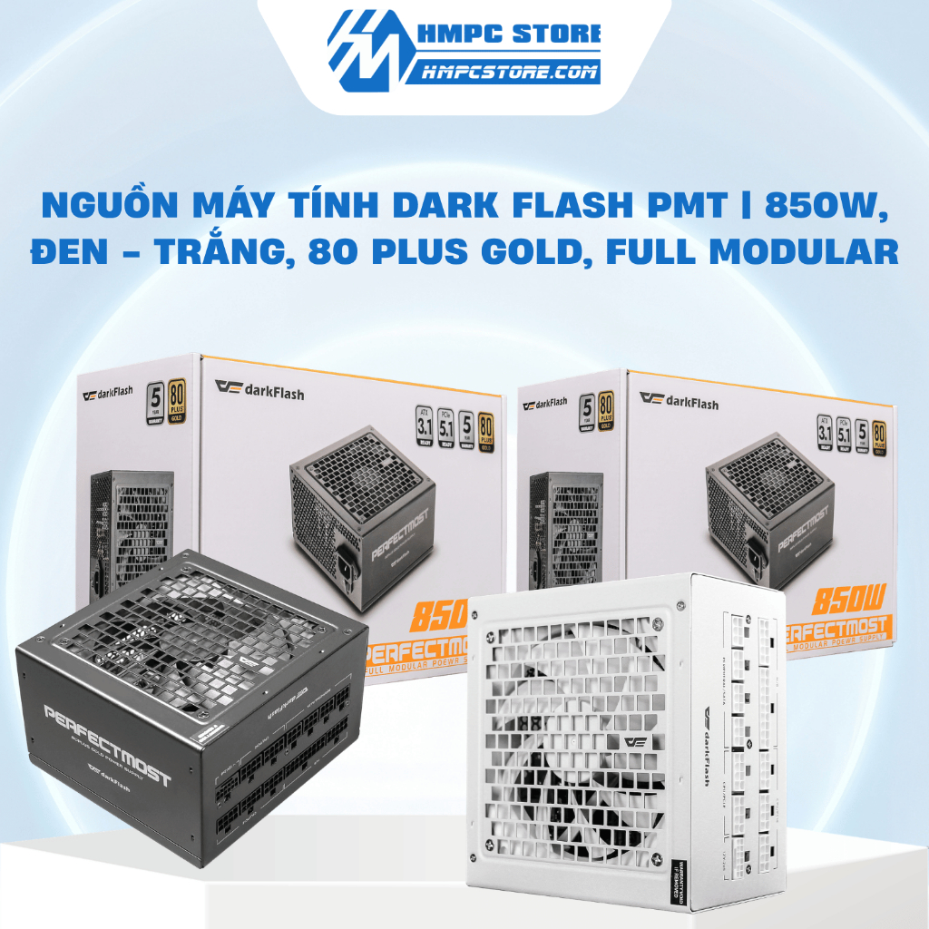 Nguồn máy tính Dark Flash PMT | 850w, Đen - Trắng, 80 Plus Gold, ATX 3.1, PCIe 5.1, Full Modular, Bả