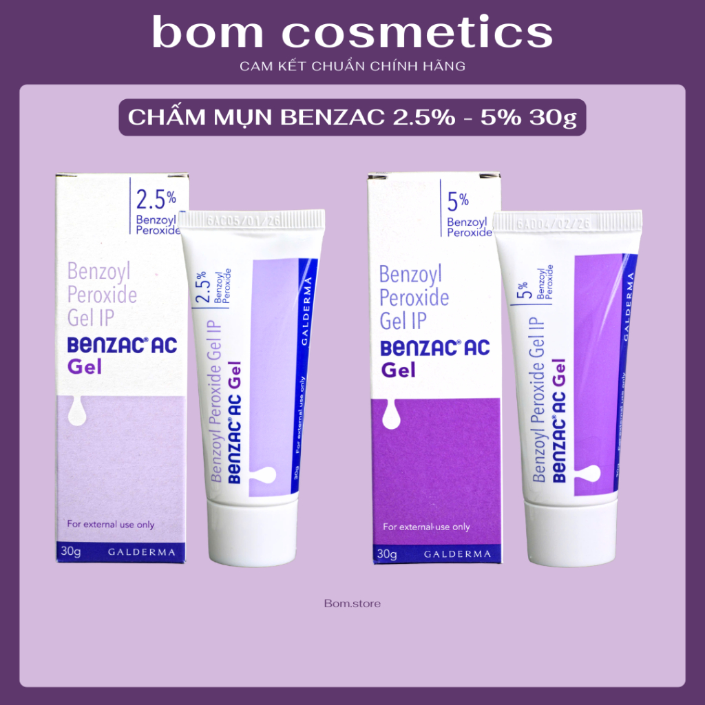 Chấm mụn Benzac AC Benzoyl Peroxide 2,5% 5% gel 30gram giúp giảm mụn bọc mụn viêm