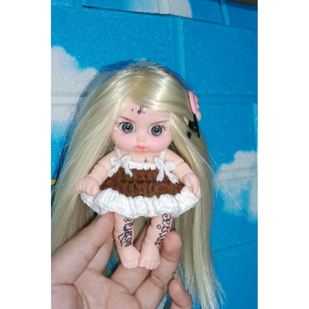 váy len nâu 2 nơ doll 5in