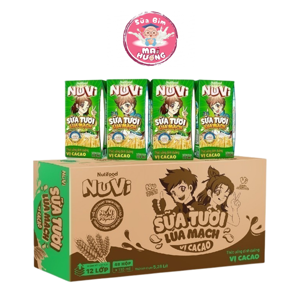 Thùng Sữa Tươi Có Thạch Lúa Mạch Nuvi Vị Ca Cao 110ml (48 Hộp x 110ml) - Phát Triển Chiều Cao - SỮA 