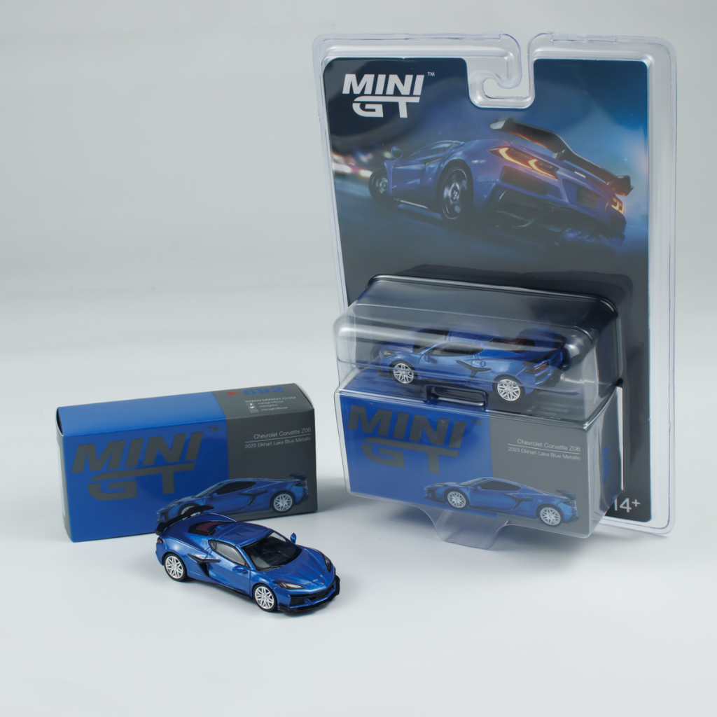 Mô hình xe Chevrolet Corvette Z06 2023 Elkhart Lake Blue Metallic bản box - bản card tỉ lệ 1:64 Mini