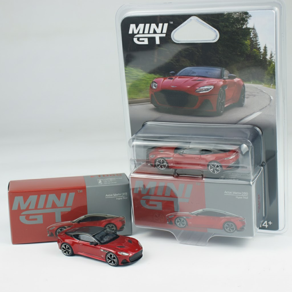 Mô hình xe Aston Martin DBS Hyper Red bản Card tỉ lệ 1:64 MiniGT MGT01065