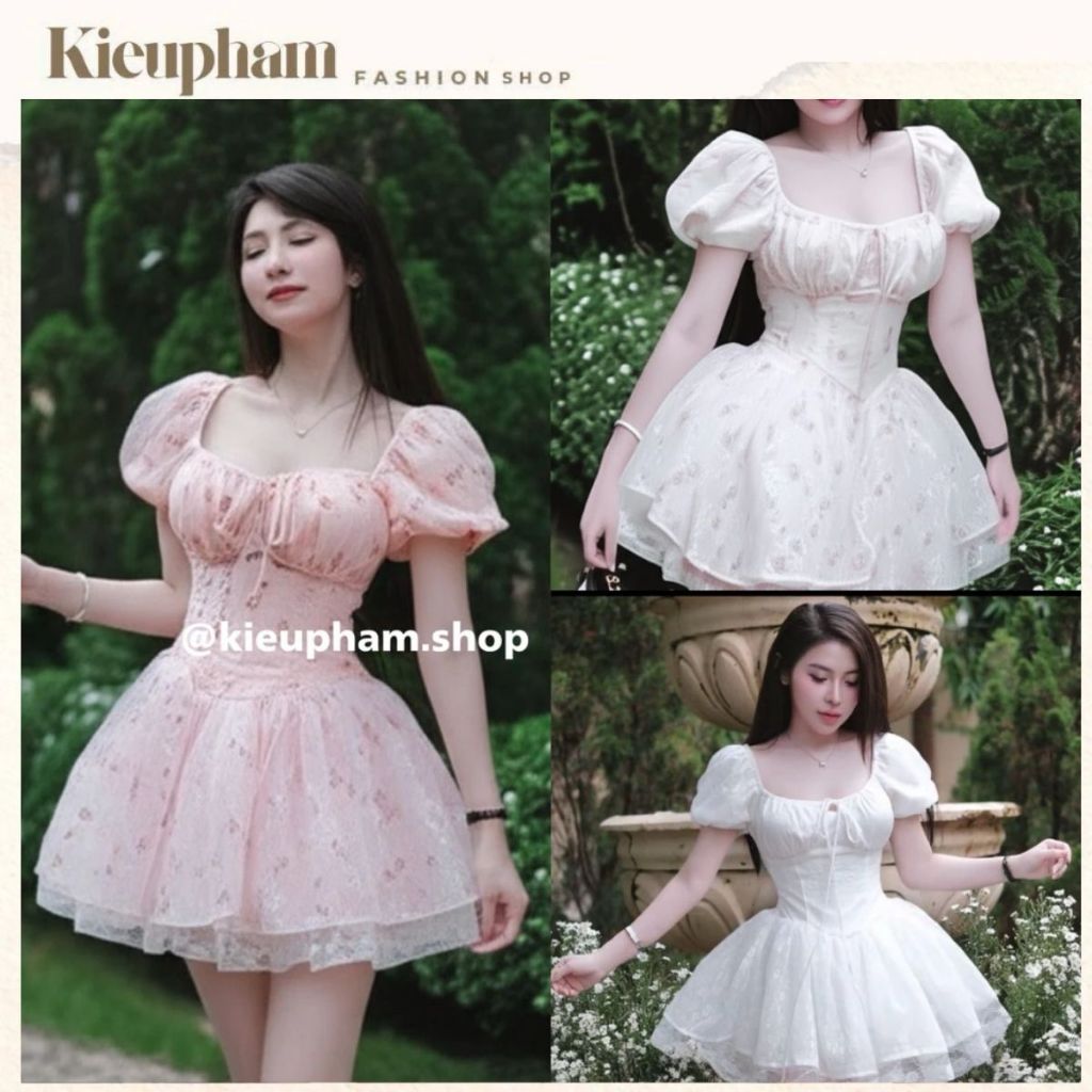 Đầm Hoa Nhí Tay Phồng Cổ Vuông Lưng Bo Chun Dáng Ngắn Chân Váy Ren 4 Lớp Phồng_ Kieupham.shop