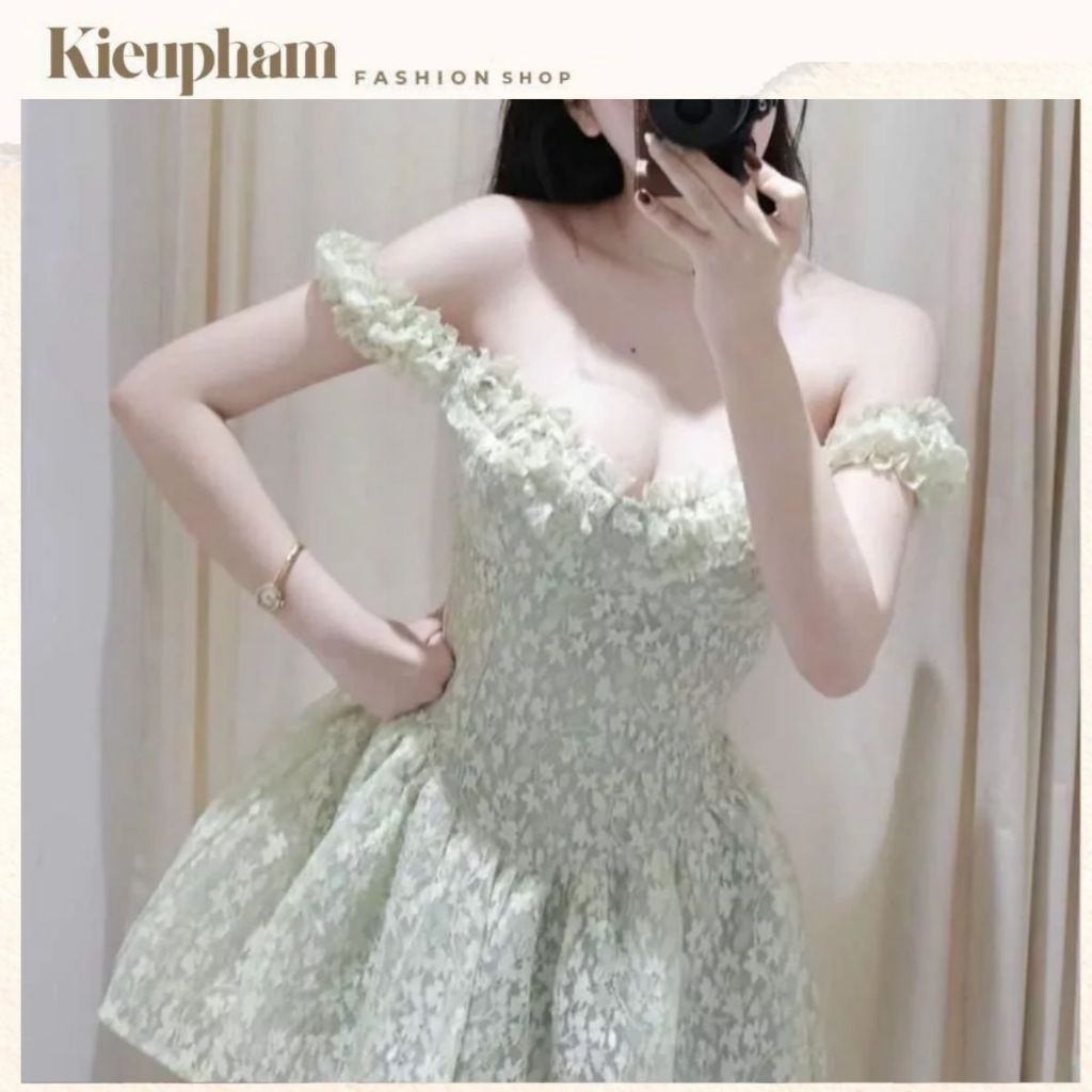 Đầm Ren Trễ Vai Tay Cúp Sò “Dáng Ngắn” Xoè Màu Pastel Phong Cách Nữ Tính, Tiểu Thư, Du Lịch Hè Kieupham.shop