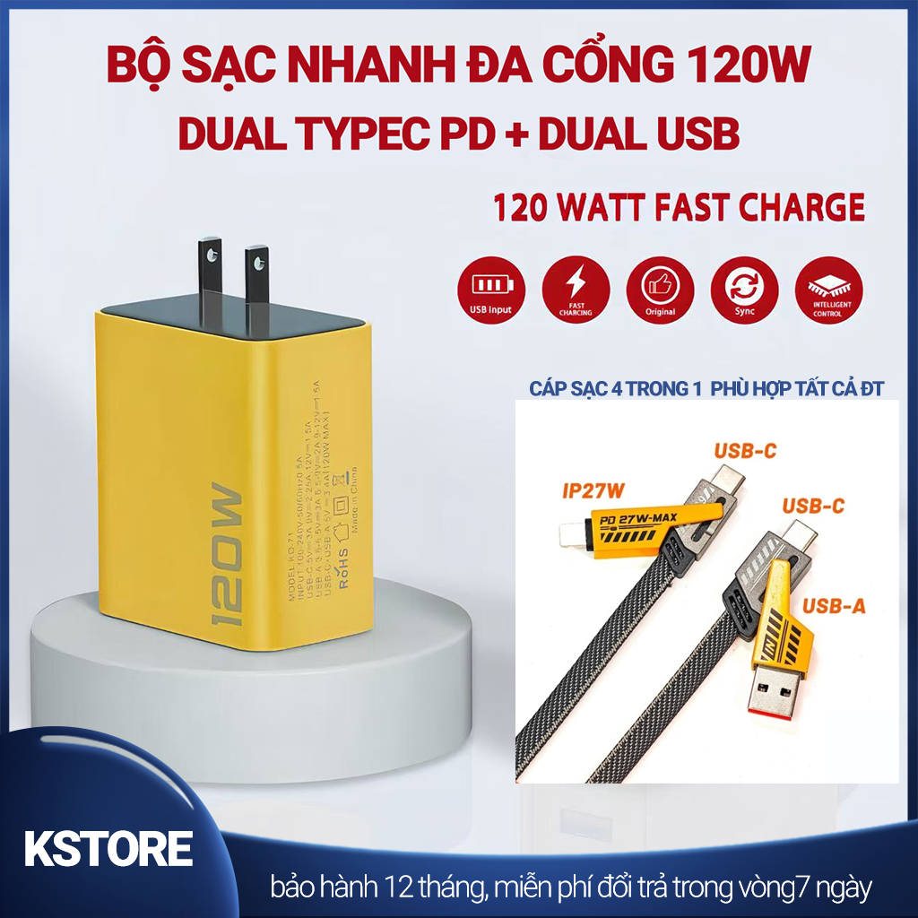 Bộ củ cáp sạc nhanh 120W 4 cổng PD USB Type-C Sạc nhanh cho nhiều thiết bị không nóng máy | BigBuy360 - bigbuy360.vn