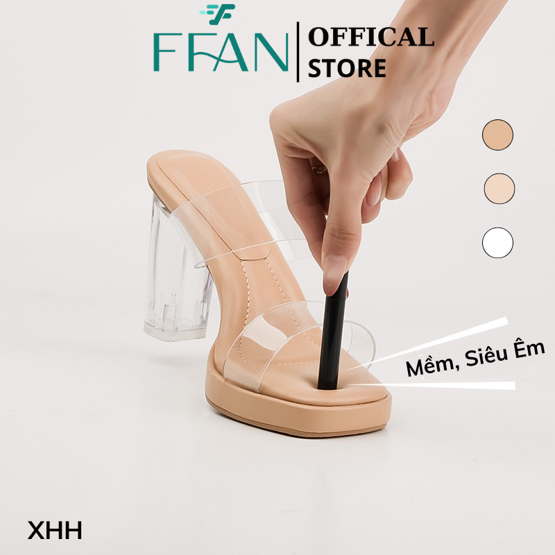 Sandal guốc cao gót nữ đế đúp 9p mũi vuông đế vuông dép quai trong cao cấp XHH FFAN STORE màu be trắ