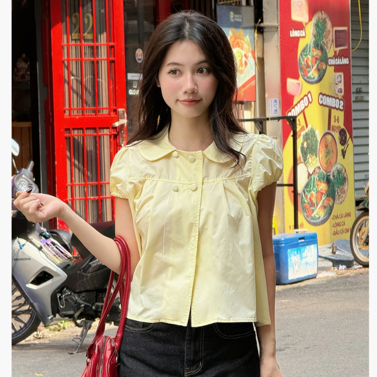 𝑯𝙖𝒗𝙞𝑺𝙩𝒐𝙧𝒆_𝑯𝙖𝒏𝙤𝒊// Áo babydoll 4 cúc tay bồng cổ sen, Áo kiểu babydoll dễ thương - A596