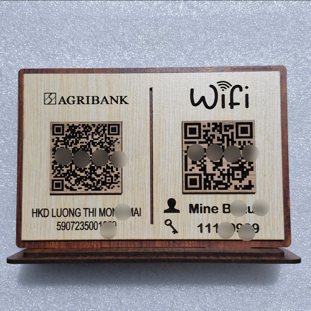 Bảng gỗ in mã QR ngân hàng và Wifi, QR code để bàn khắc theo yêu cầu siêu đẹp
