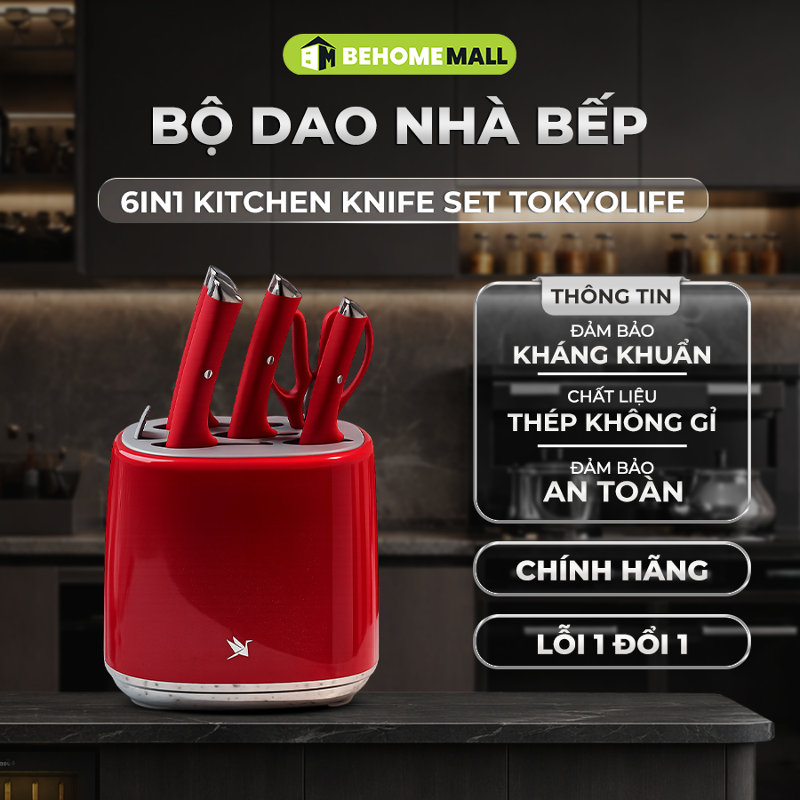 Bộ Dao Nhà Bếp 6 Món Đa Năng màu đỏ Tokyolife, 6in1 kitchen knife set Tokyolife Sắc Bén Chuẩn Nhật