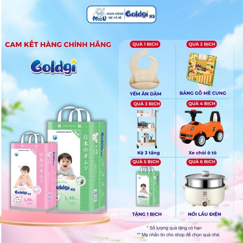 Bỉm Goldgi X5 Nhật Bản, Tã Goldgi X5 Cho Bé Siêu Mỏng, Thấm Hút Tốt, Mềm Mại Cho Bé Đủ Size