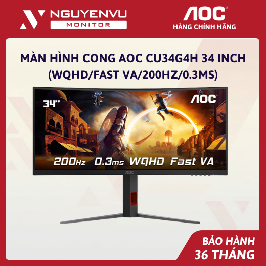 [Full Vat] Màn Hình Cong Gaming AOC CU34G4H 34 inch 2K (WQHD/Fast VA/200Hz/0.3ms) - Bảo Hành 3 Năm