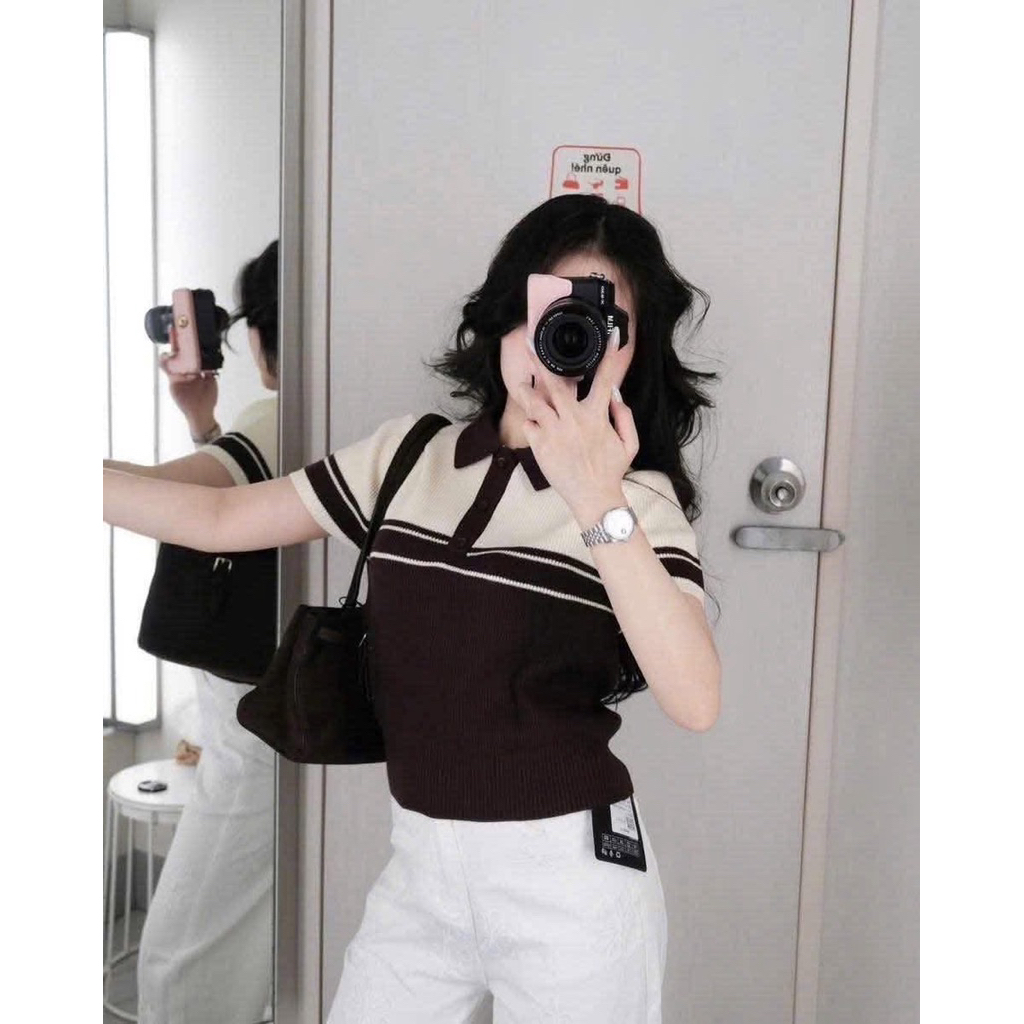 Áo pl nữ cổ bẻ nâu phối kem áo basic tây siu hot freesize 57kg đổ lại