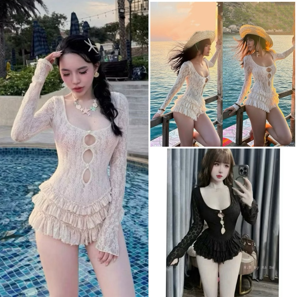 Bikini bodysuit ren liền thân dài tay bèo tầng sang chảnh kín đáo