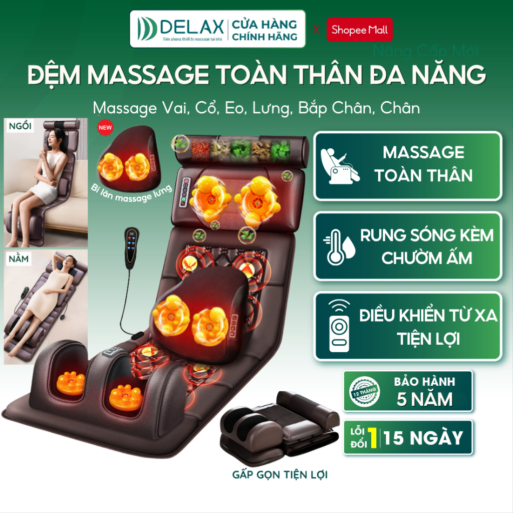 Đệm Massage Toàn Thân Đa Năng DELAX Massage Vai, Cổ, Eo, Lưng, Chân Và Gối Massage Sóng Rung Kèm Chư